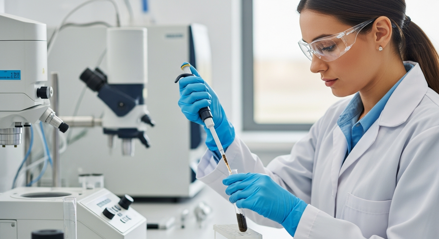 Uma cientista analisa amostras de solo em um laboratório.