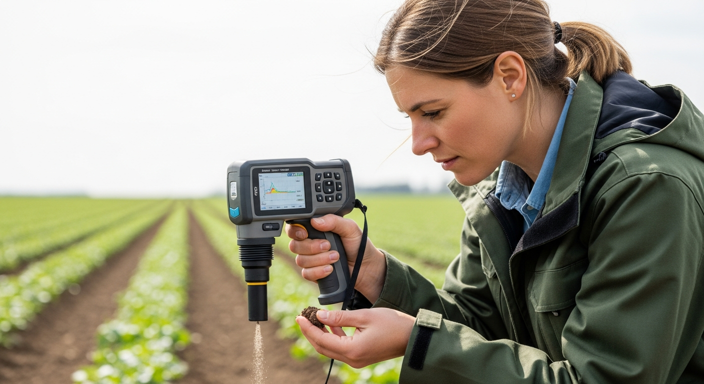 Uma cientista analisa uma amostra de solo com um espectrómetro num campo agrícola.