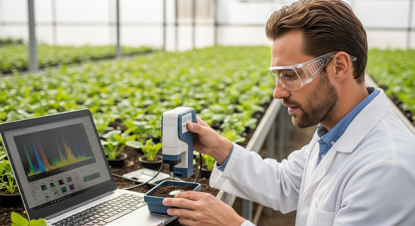 Um cientista agrônomo analisa uma amostra de solo com um espectrômetro em uma estufa.
