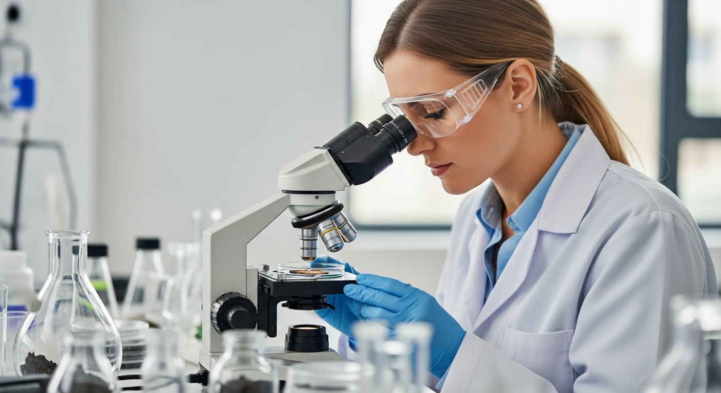 Uma cientista analisa amostras de solo ao microscópio num laboratório.