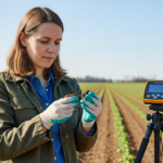 Uma cientista do solo examina uma amostra de terra em um campo agrícola, utilizando um espectrómetro portátil.