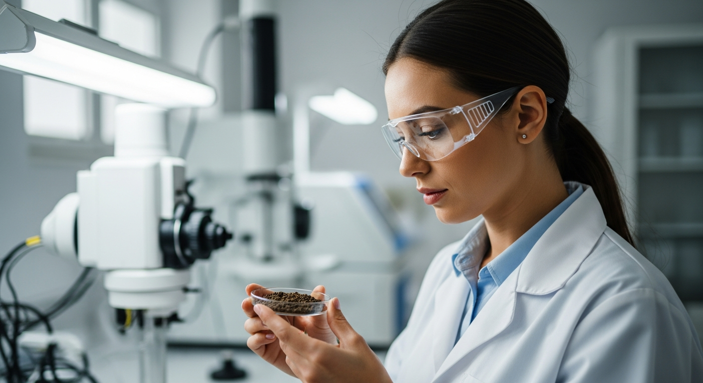 Uma cientista agrônoma analisa amostras de solo em um laboratório.