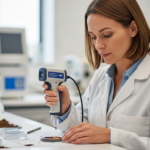 Uma cientista analisa uma amostra de solo com um espectrómetro num laboratório.