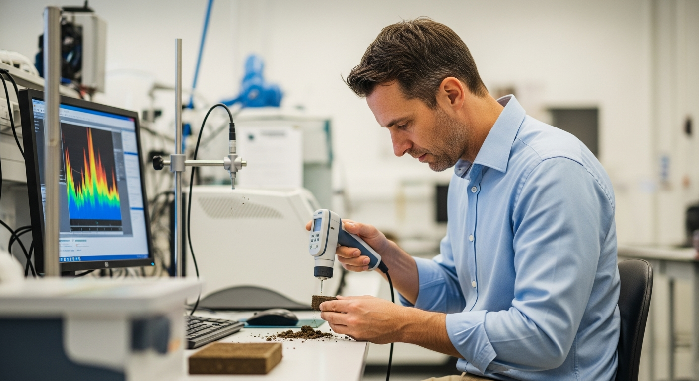 Um cientista analisa uma amostra de solo com um espectrômetro em um laboratório.