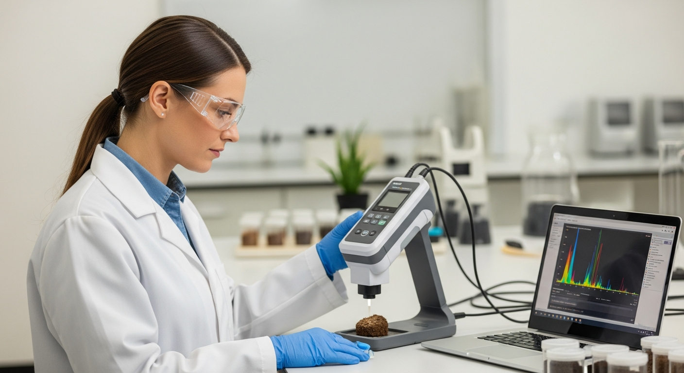 Uma cientista analisa uma amostra de solo com um espectrômetro em um laboratório.