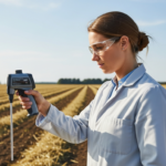 Cientista do solo usando espectrômetro para analisar amostras de solo no campo.