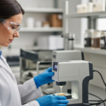 Uma cientista analisa uma amostra de solo com um espectrômetro portátil em um laboratório.