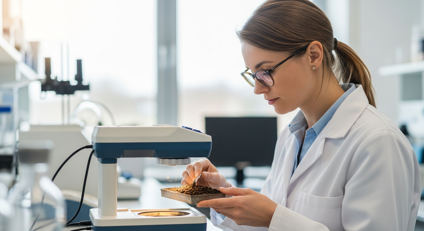 Uma cientista analisa uma amostra de solo com um espectrômetro em um laboratório.