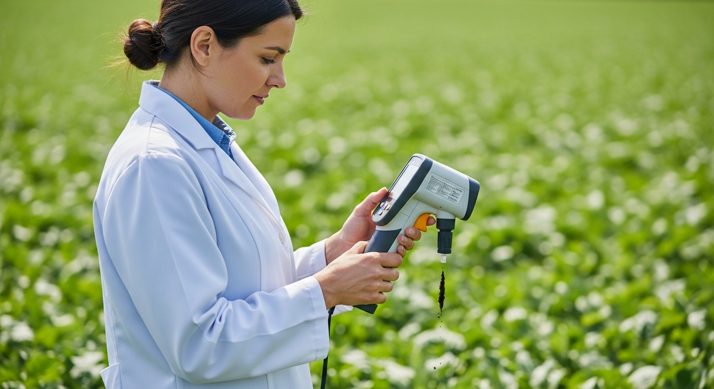 Uma cientista agrícola analisa uma amostra de solo com um espectrómetro portátil num campo de cultivo.