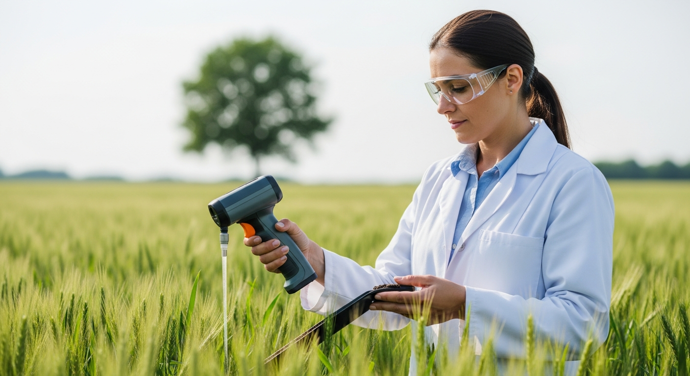 Uma cientista agrônoma analisando amostras de solo com um espectrômetro portátil em um campo de trigo.