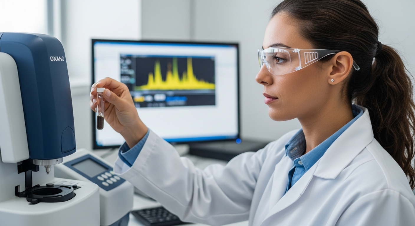 Uma cientista analisa amostras de solo em laboratório usando espectroscopia.