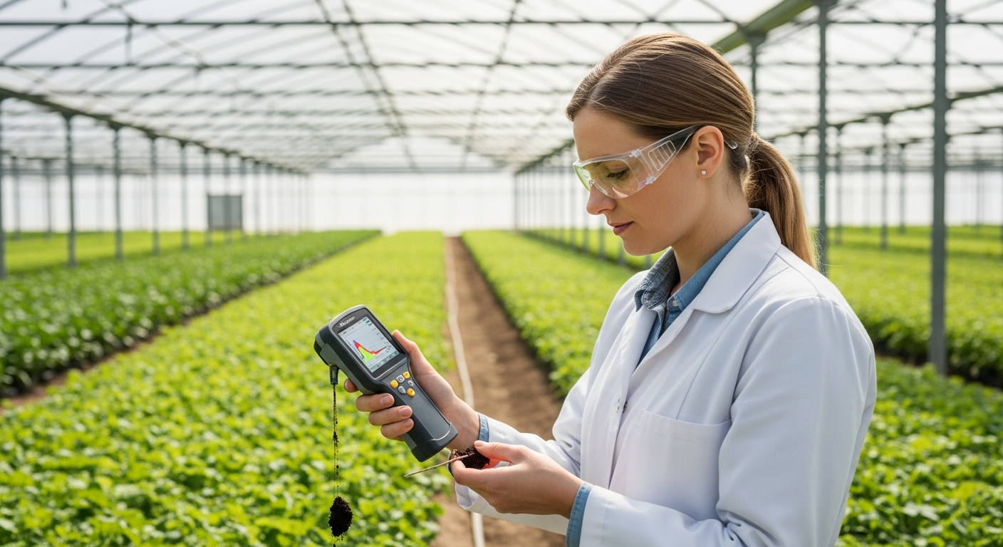 Científica analizando una muestra de suelo con un espectrómetro en un invernadero.