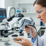 Uma cientista analisa uma amostra de solo com um espectrômetro em um laboratório.