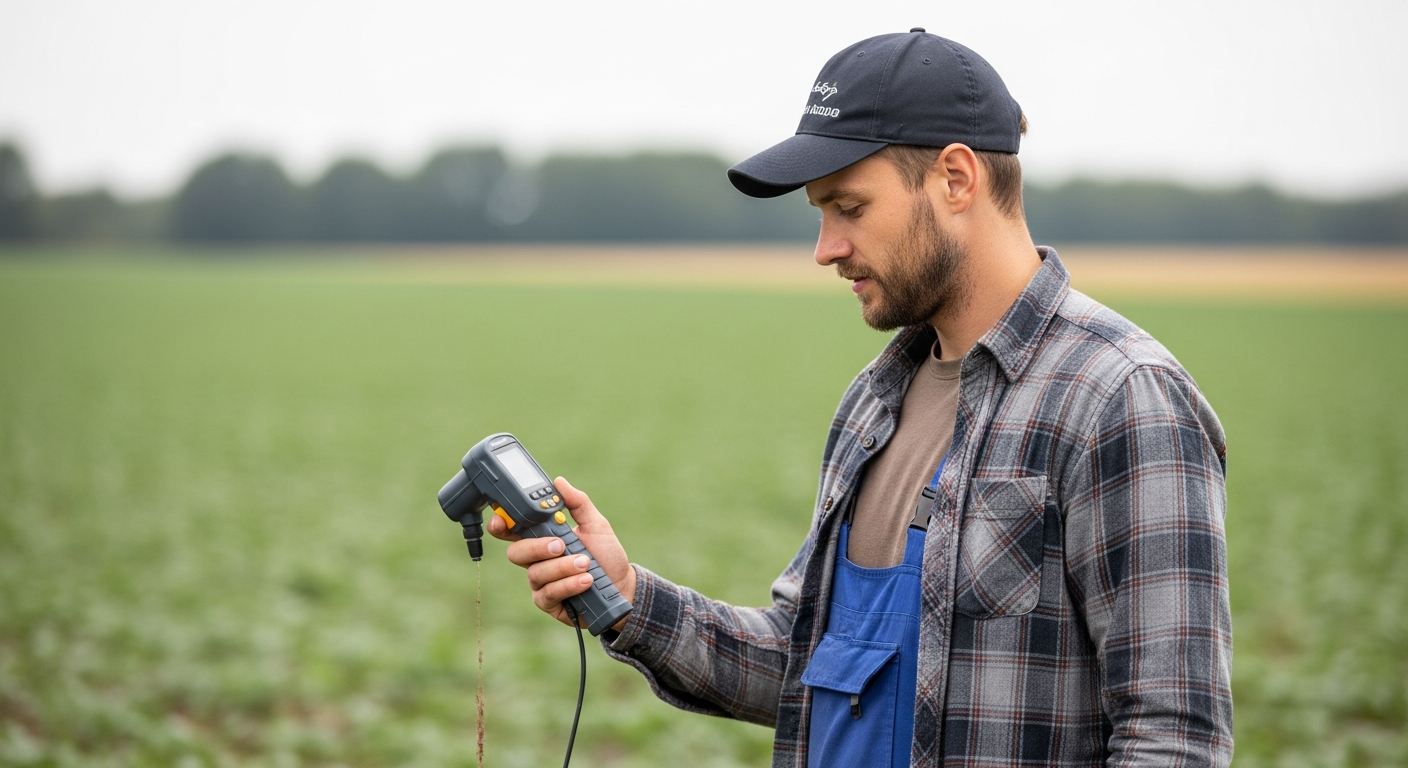 Um agrônomo analisa uma amostra de solo com um espectrômetro portátil em um campo de cultivo.