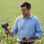 Um cientista do solo analisa uma amostra de terra com um espectrômetro portátil em um campo agrícola.