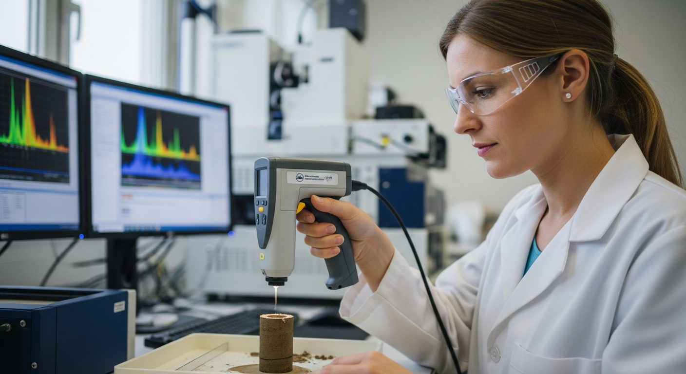 Científica analizando una muestra de suelo con un espectrómetro en un laboratorio.