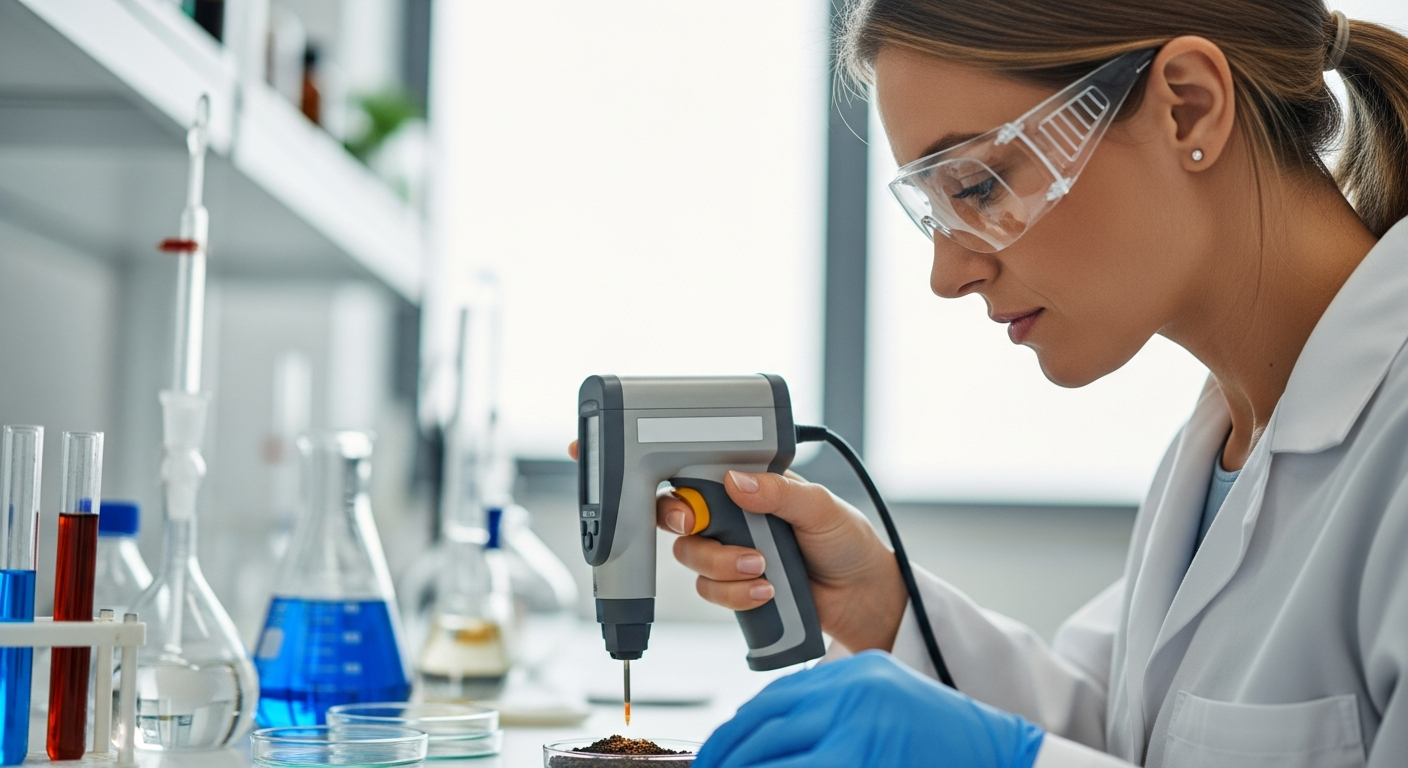 Científica analizando una muestra de suelo con un espectrómetro para detectar metales pesados.
