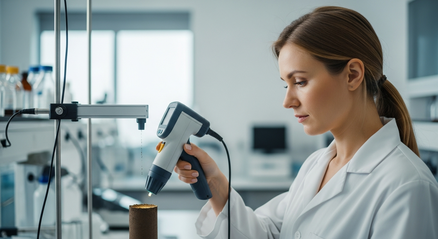 Une scientifique analyse un échantillon de sol avec un spectromètre dans un laboratoire.