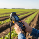 Um cientista do solo usando um espectrômetro de solo portátil para analisar amostras de solo em um campo agrícola.