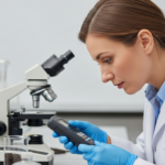 Científica analizando una muestra de suelo con un espectrómetro en un laboratorio.