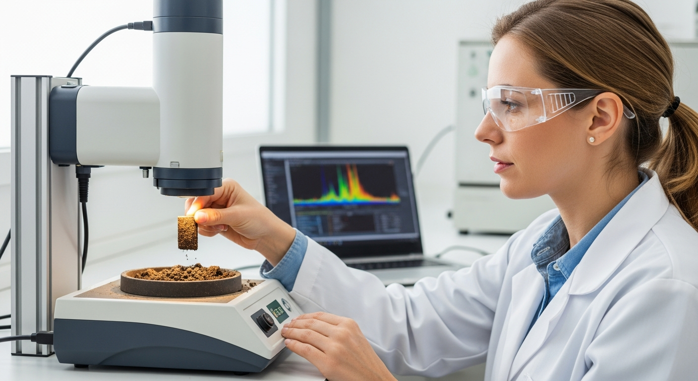 Cientista analisando amostra de solo com espectrômetro em laboratório.
