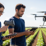 Dos científicos analizan muestras de suelo en un campo agrícola utilizando un espectrómetro y un dron.