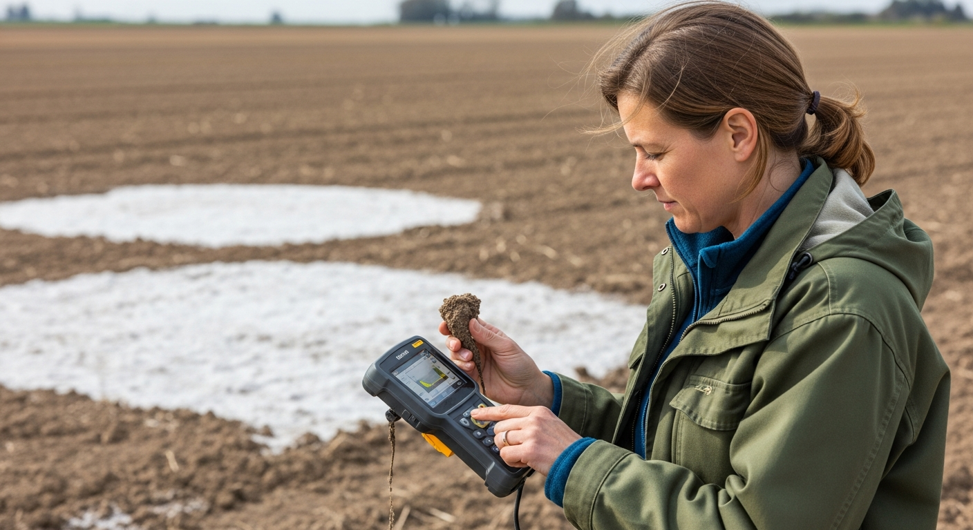 Mulher cientista analisando amostra de solo com espectrômetro portátil em campo agrícola.