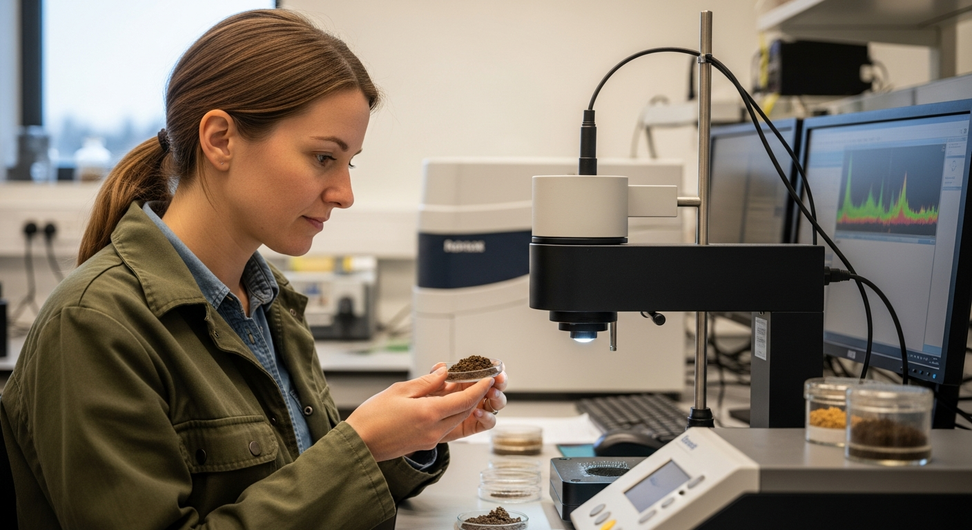 Une femme scientifique analyse un échantillon de sol dans un laboratoire en utilisant un spectromètre.