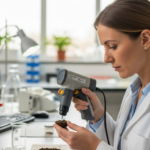 Uma cientista analisa amostras de solo com um espectrômetro em laboratório.