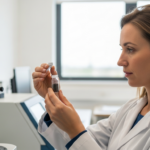 Uma cientista analisa uma amostra de solo num laboratório.
