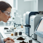 Uma cientista analisa a composição do solo com um equipamento de análise termogravimétrica em um laboratório.