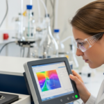 Mujer analizando las propiedades térmicas del suelo con un calorímetro diferencial de barrido en un laboratorio.