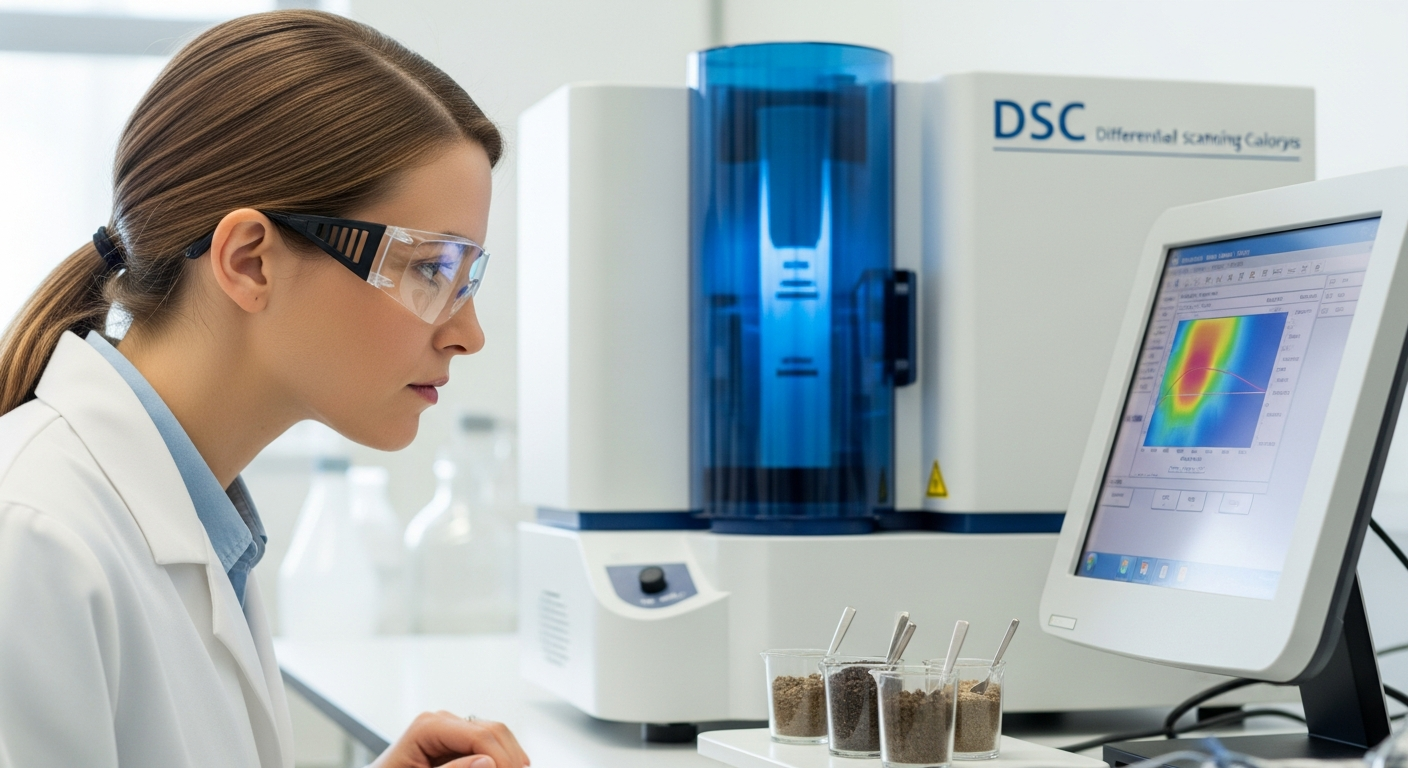 Uma cientista analisa as propriedades térmicas do solo usando um calorímetro diferencial de varredura em um laboratório.