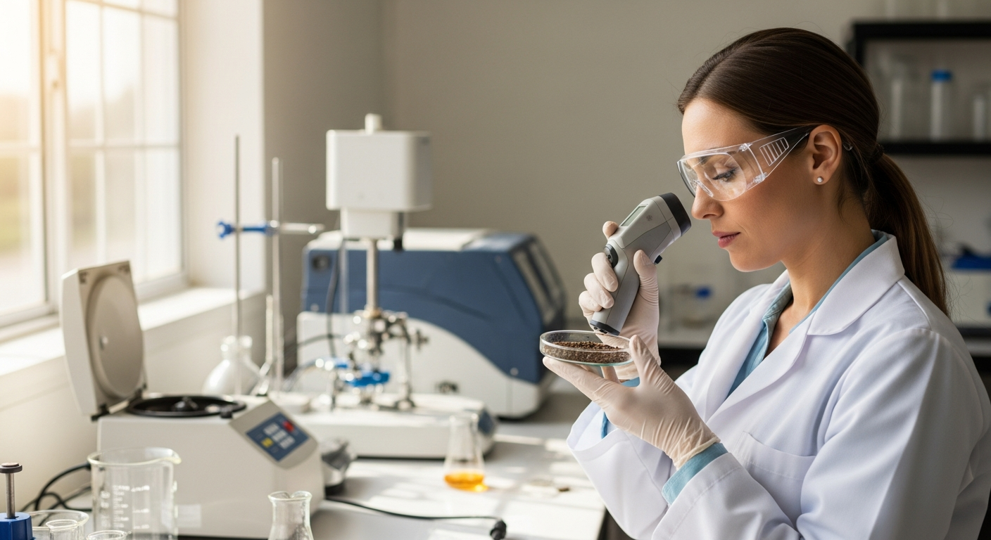 Uma cientista analisa uma amostra de solo com um espectrômetro em um laboratório.