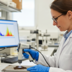 Uma cientista analisa uma amostra de solo com um espectrómetro num laboratório.