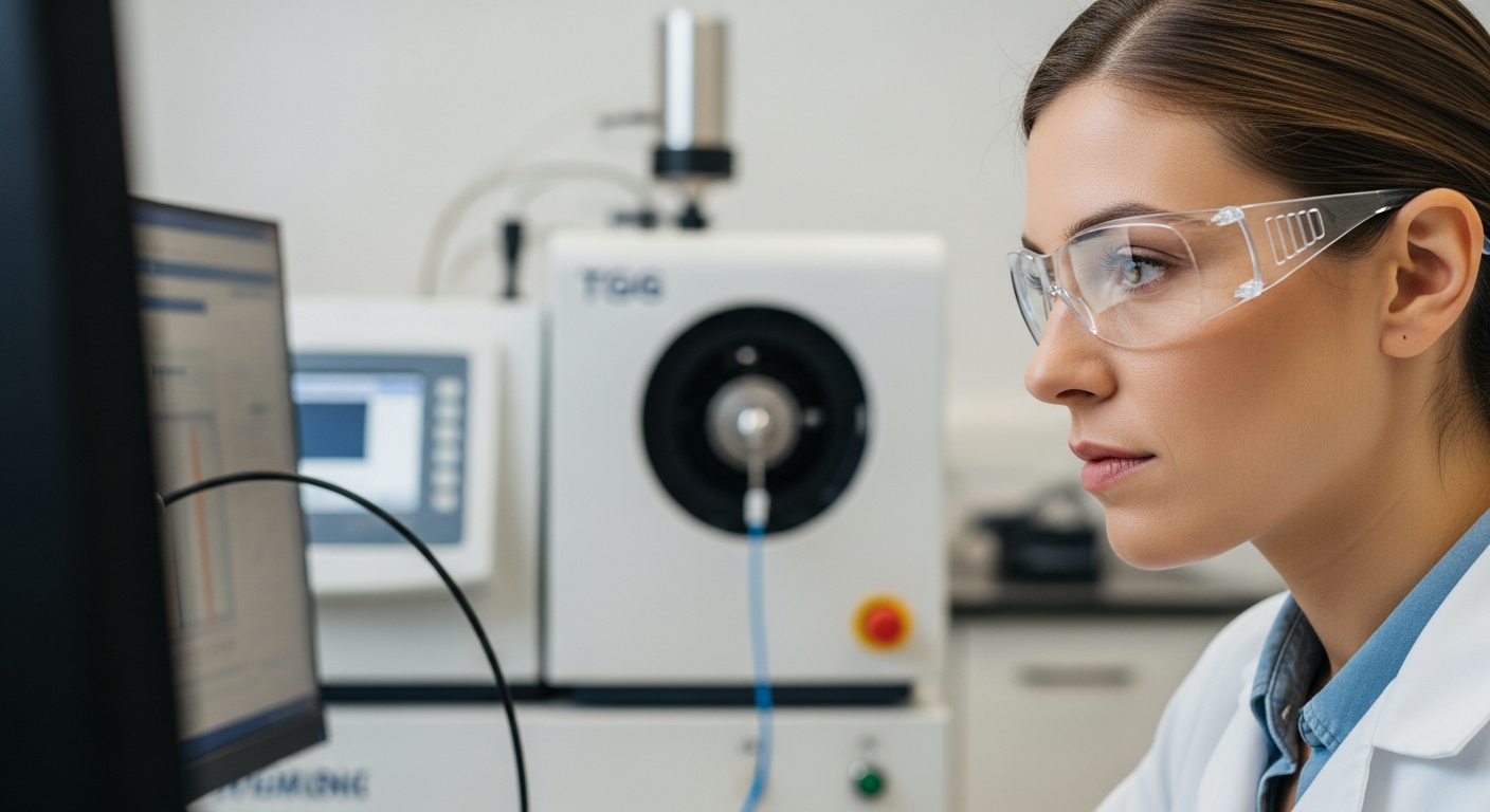 Científica analiza datos de termogravimetría para determinar la composición del suelo en un laboratorio.