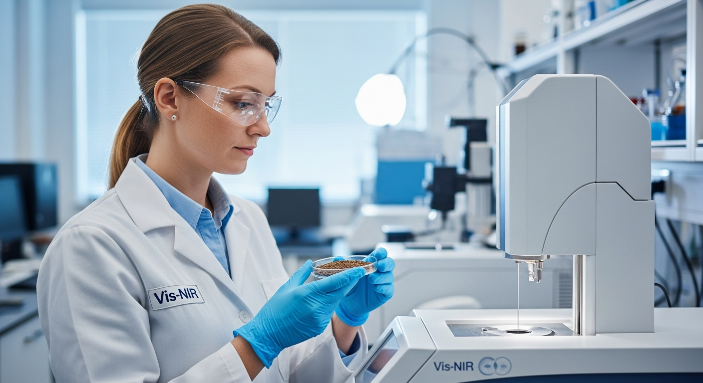 Uma cientista analisa uma amostra de solo usando um espectrômetro Vis-NIR em um laboratório.