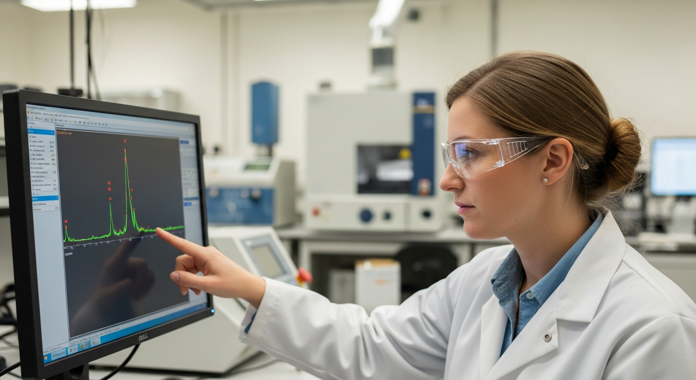 Mulher cientista analisa um padrão de Difração de Raios X (DRX) em um computador em um laboratório de ciências do solo.