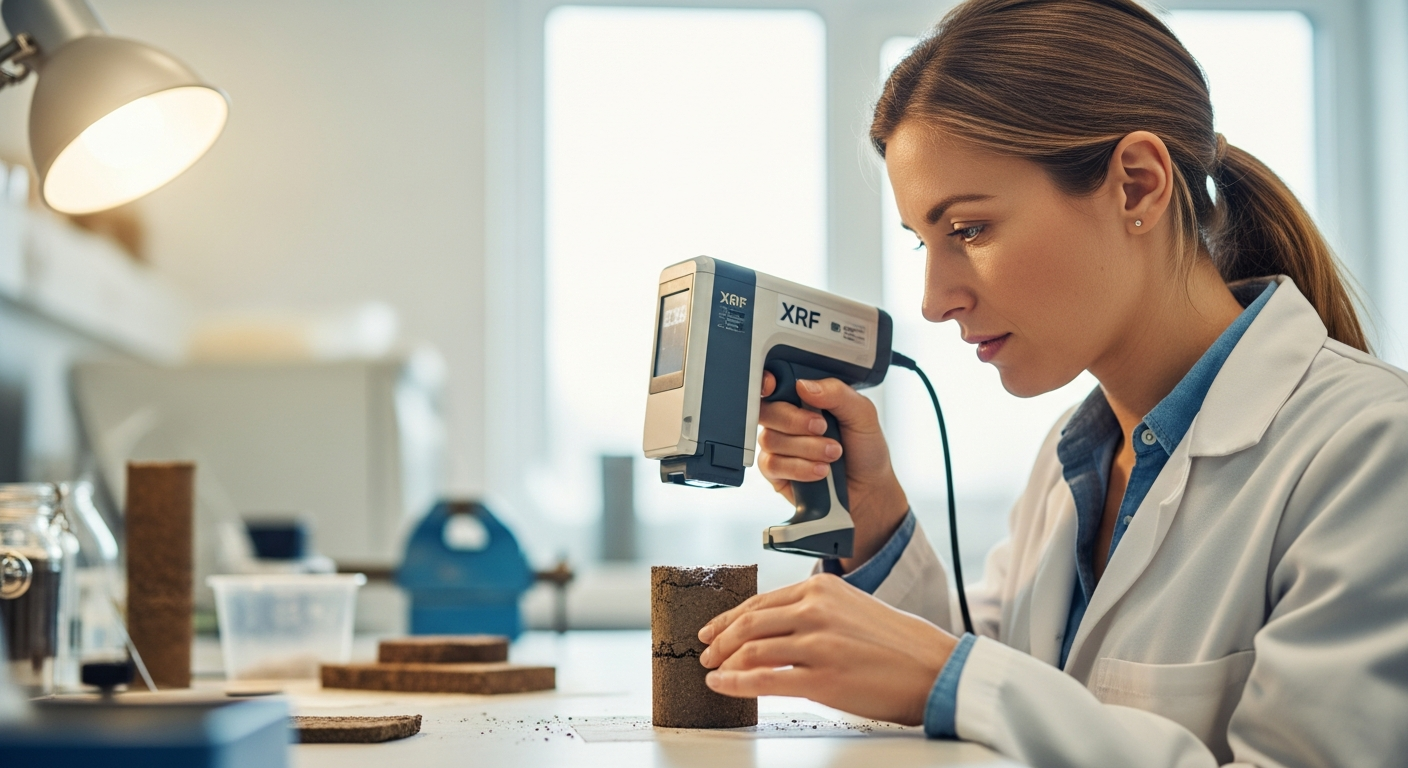 Uma cientista analisa uma amostra de solo com um espectrômetro de fluorescência de raios X (XRF) em um laboratório.