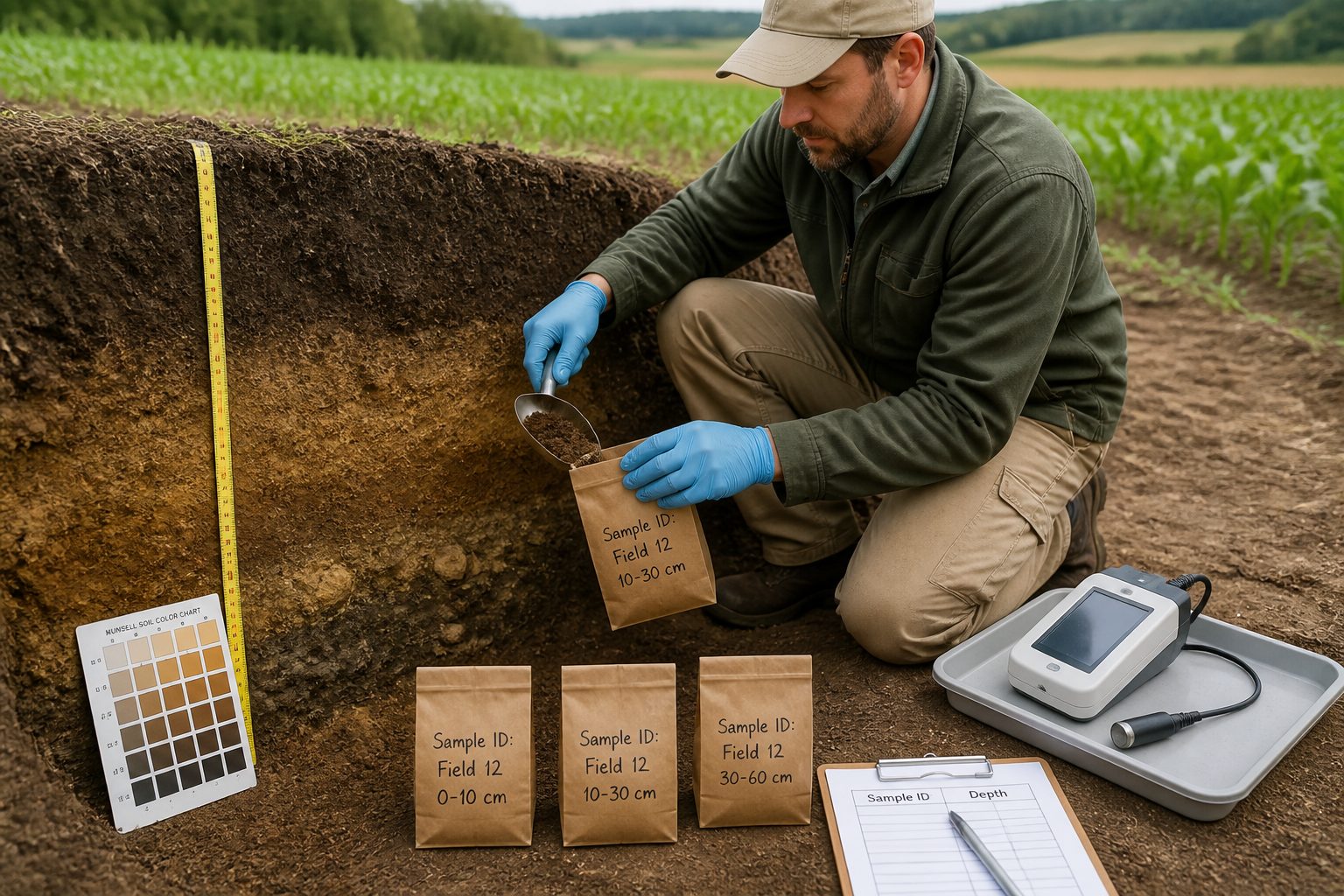 A soil scientist kneels by a soil pit and collects separate soil samples from different depths for spectroscopy analysis.