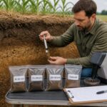 A soil scientist kneels by a soil pit and collects separate soil samples from different depths into labeled bags beside a portable spectrometer.