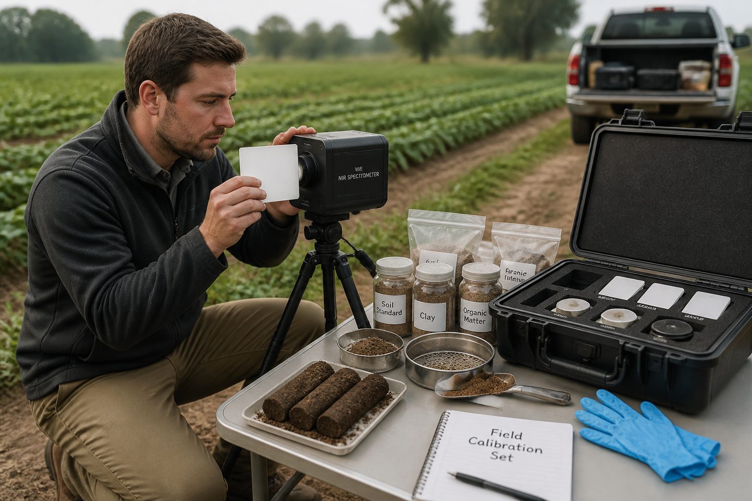A soil scientist calibrates a portable NIR spectrometer in a farm field using a white reference tile and labeled soil standard samples on a table.