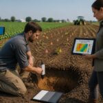 A man uses a handheld hyperspectral sensor to scan an exposed soil profile while a woman checks a soil reflectance map on a tablet in a farm field.