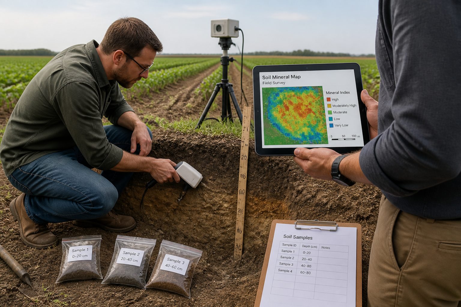 A soil scientist scans an exposed soil profile with a hyperspectral imaging sensor while a colleague reviews a soil mineral map on a tablet in a farm field.