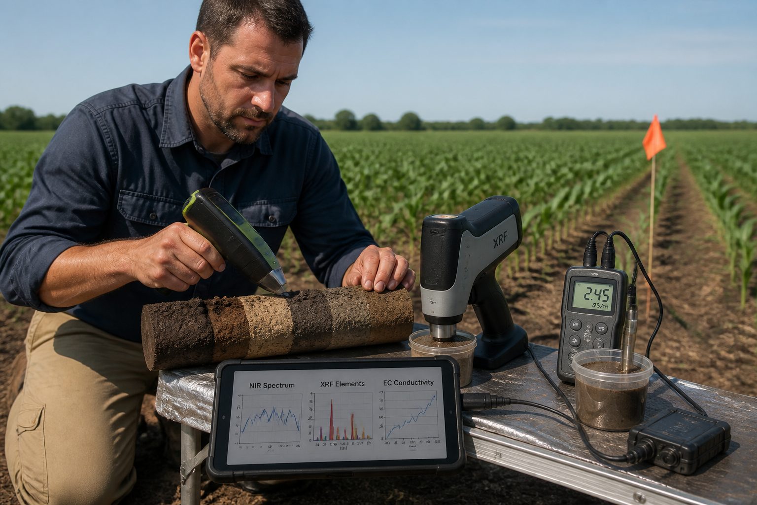 A soil scientist in a field uses a handheld NIR spectrometer, a portable XRF analyzer, and an electrical conductivity probe to measure a soil core while viewing combined results on a tablet.