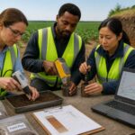 Three soil scientists use a NIR spectrometer, an XRF analyzer, and an electrical conductivity probe on the same soil sample in a farm field.