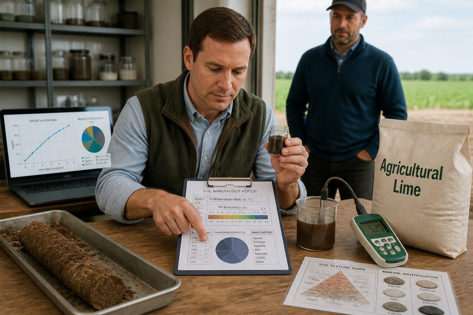 An agronomist reviews soil mineralogy notes and pH test results beside soil samples and a bag of agricultural lime on a workbench.
