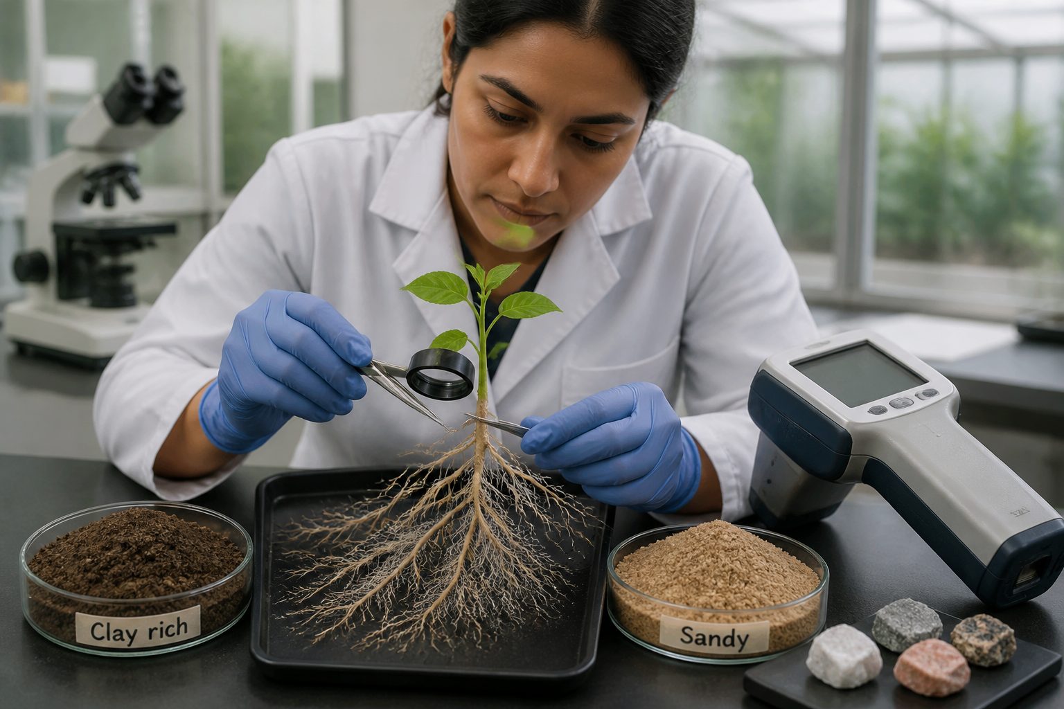 A soil scientist examines plant roots with visible mycorrhizal fungi next to clay rich and sandy soil samples and a portable soil spectrometer.