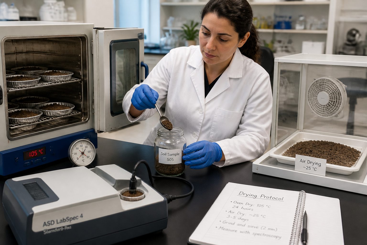 A soil lab researcher compares oven drying and air drying soil samples on a bench next to a spectrometer.