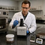 Lab technician compares air dried and oven dried soil samples beside a spectrometer in a soil testing lab